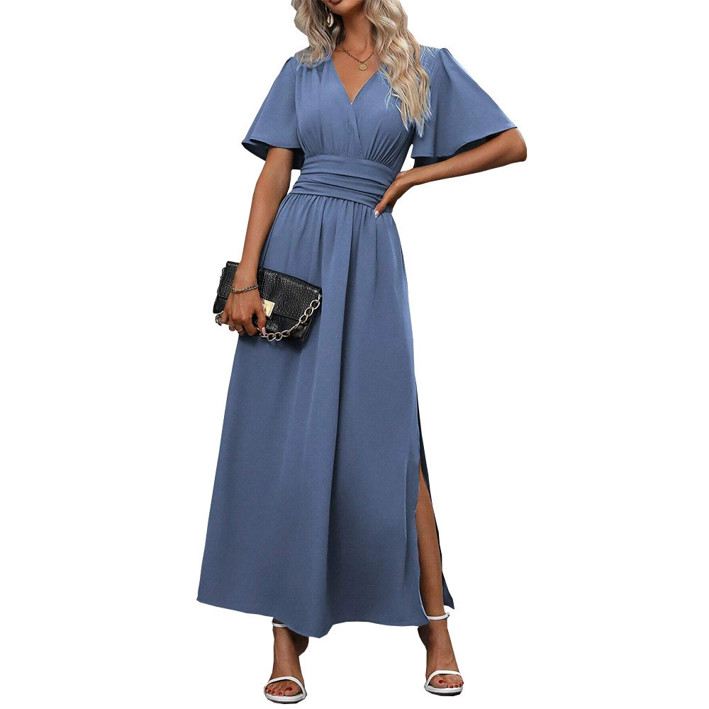 ZARA Elegant Deep V-Neck Side Slits Ruffled Waist Cinching Dress Spring - Picture 6 of 6
